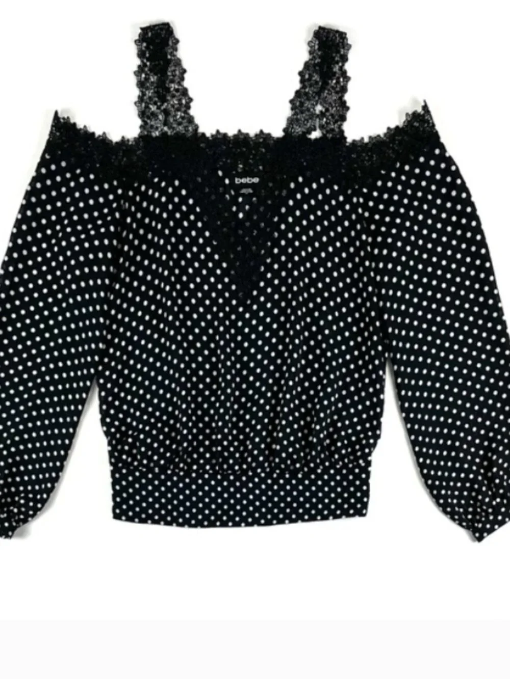 Bebe Polka Dot Print Lace Cold Shoulder Top Size XL - Picture 2 of 11